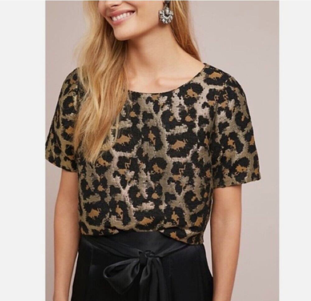 HUTCH Anthropologie Metallic Leopard Print Blouse Bow Back Black Gold Size XS
